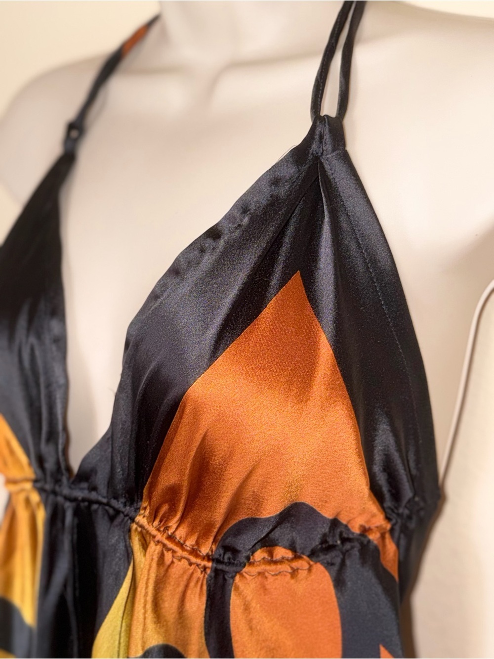 Y2K Black & Burnt Orange Satin Halter Dress - Picture 2 of 16